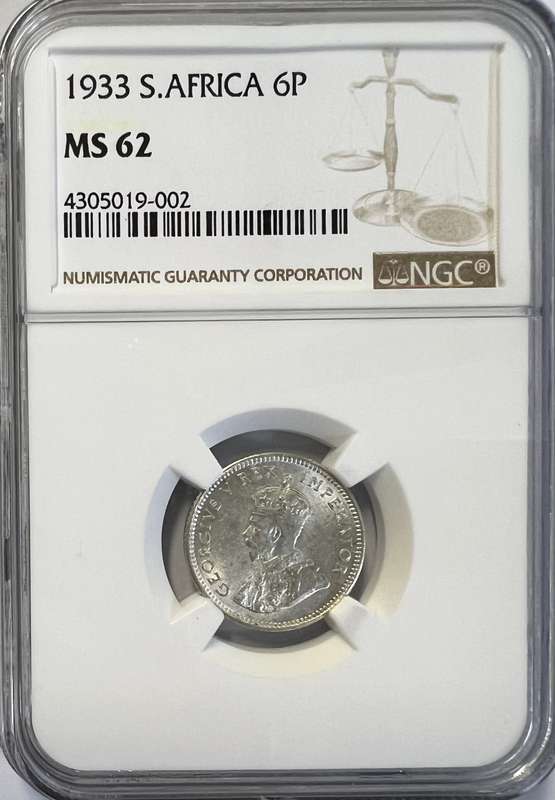 1933 South Africa 6 Pence MS 62