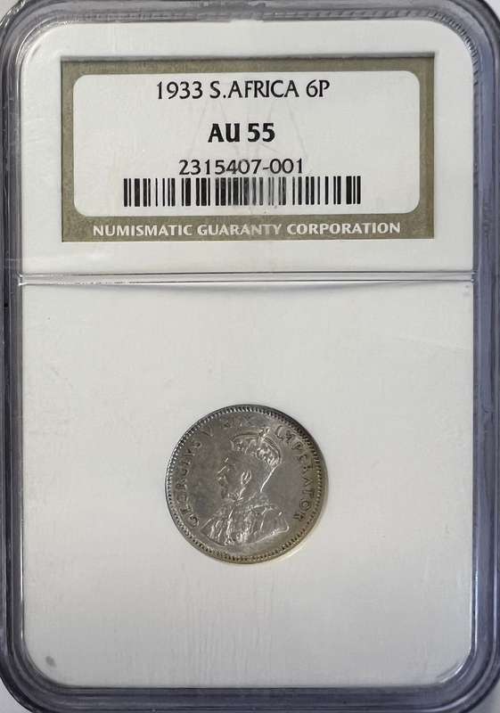 1933 South Africa 6 Pence AU 55