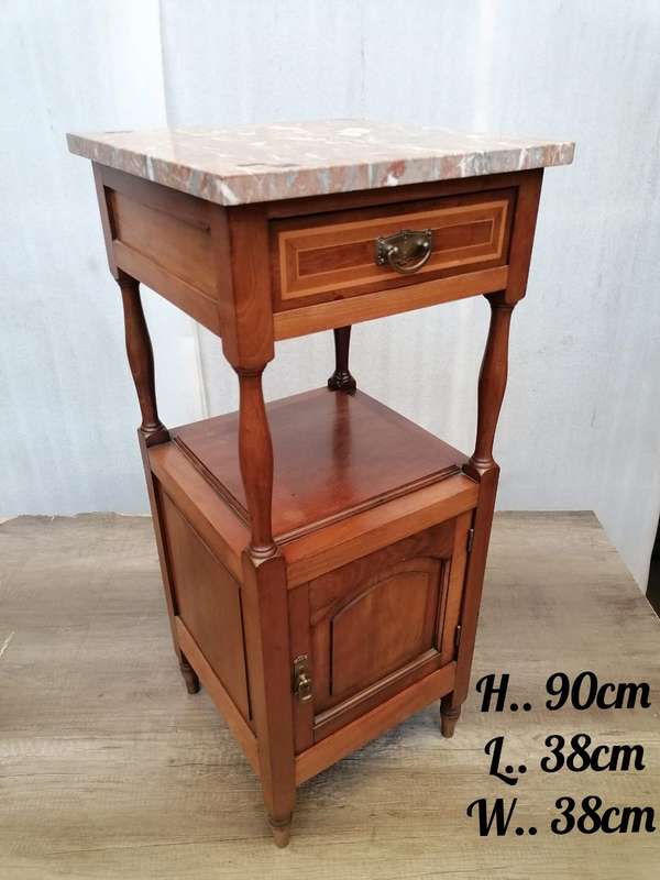 Antique Tall Mahogany and Inay Nightstand/ Cabinet with Marble top