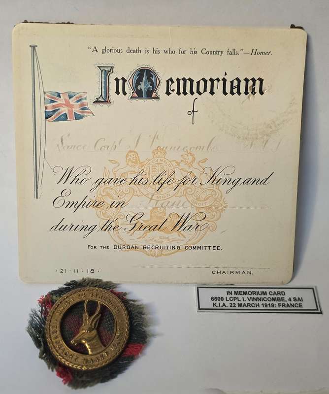 WW1.South African Killed In Action Memorial Card & Cap badge