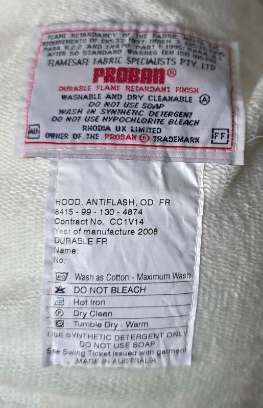Royal Australian Navy Hood Anti Flash & Gloves In Bag