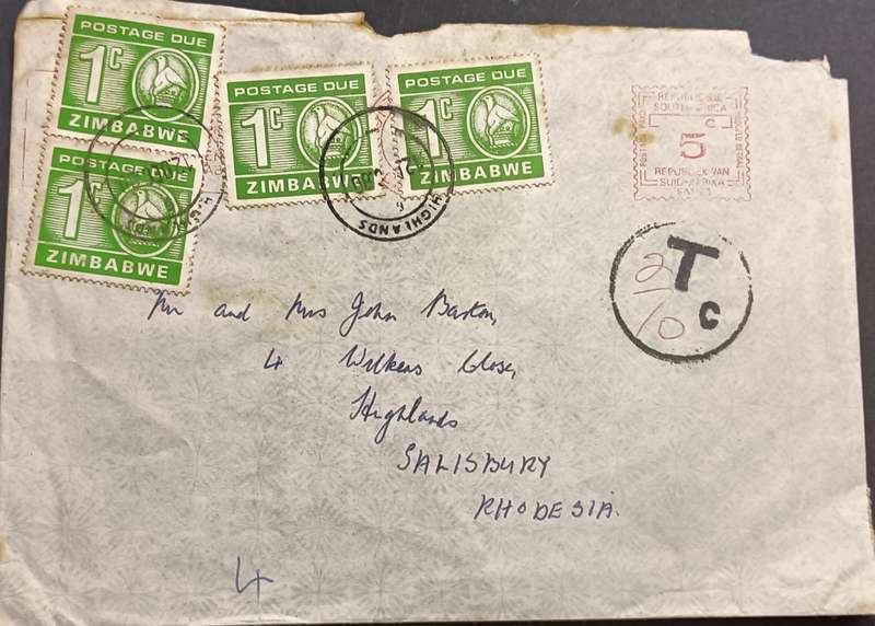 Zimbabwe 1980 -South Africa - Salisbury 4 x 1c postage due on envelope