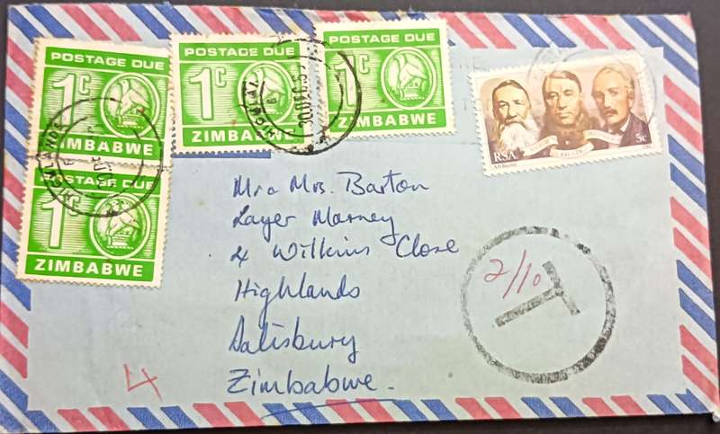 Zimbabwe 1980 -South Africa - Salisbury 4 x 1c postage due  + RSA Boer Triumvirate on envelope