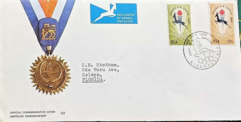 RSA 1969 Games Bloemfontein Official Commemorative Cover FDC 10