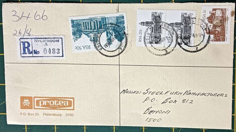 RSA 1987 Registered letter Nylstroom 2 x 20c &1 x 50c Architecture Def Series