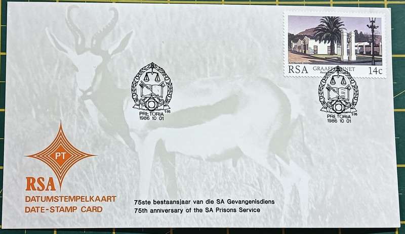 RSA 1986 date Stamp Card 75th Ann of SA Prison Service