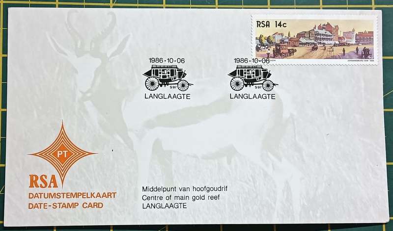RSA 1986 date Stamp Card Centre of Main Gold Reef Langlaagte