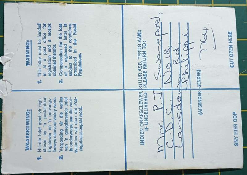 RSA 1986 The 100th Anniversary of Johannesburg 3 x 25c stamps on Registered letter