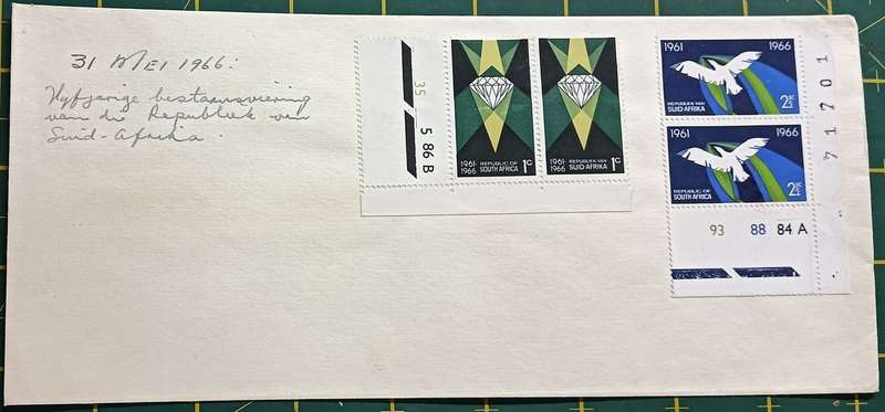 RSA 1966 The 5th Anniversary of Republic 1 & 2c Pairs on envelope uncancelled