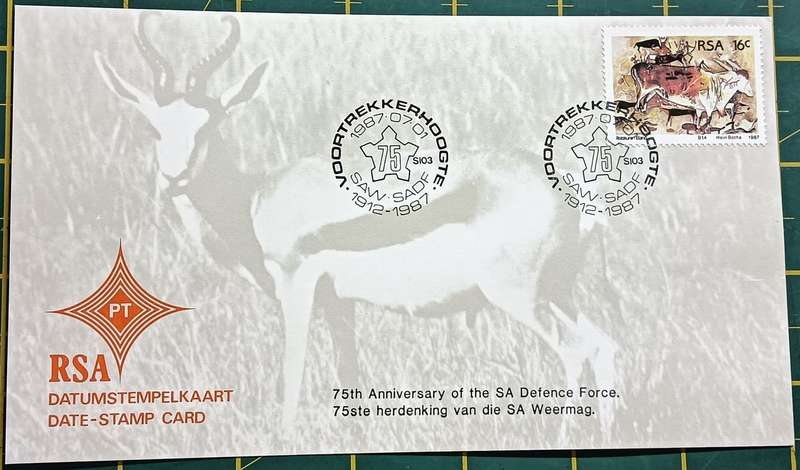 RSA 1987 Date Stamp Card 75the Anniv. of the SA Defense Force
