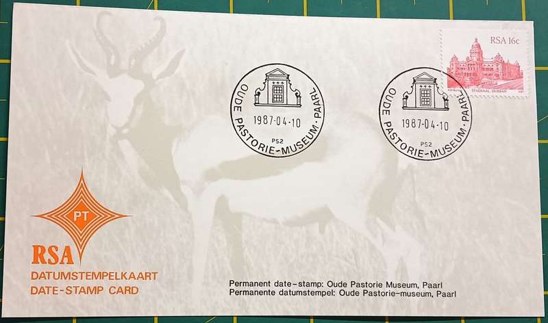 RSA 1987 Date Stamp Card Permanent Date-Stamp: Dutch Pastorie Museum, Paarl