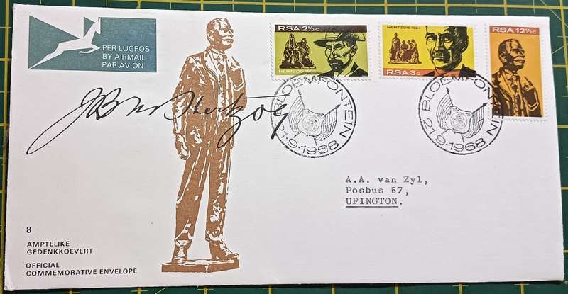 RSA 1968 JB Hertzog official FDC no. 8 addressed to Upington signed