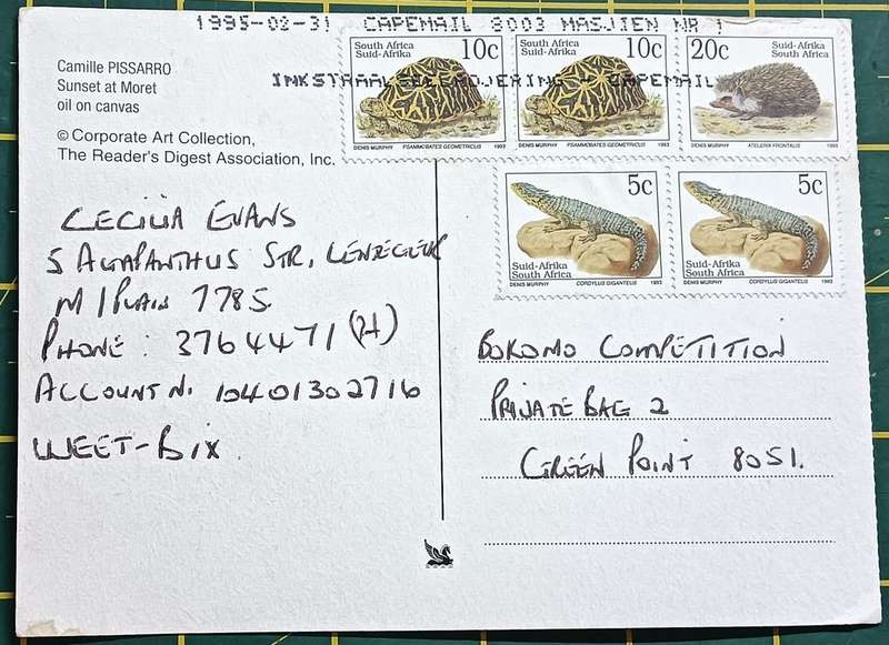 Postcard Camille Pissarro RSA 1993 5 standard postage stamps addressed to Green Point