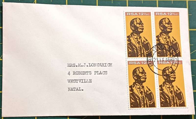 RSA 1968/09/21 Inaug. of Hertzog Monument Bloemfontein 121/2c Block of 4 on envelope 1st Day Cancel