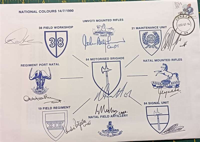 RSA 1990 FDC Natal Field Artillery National Colours 17/7/1990 Signed by all 9 units