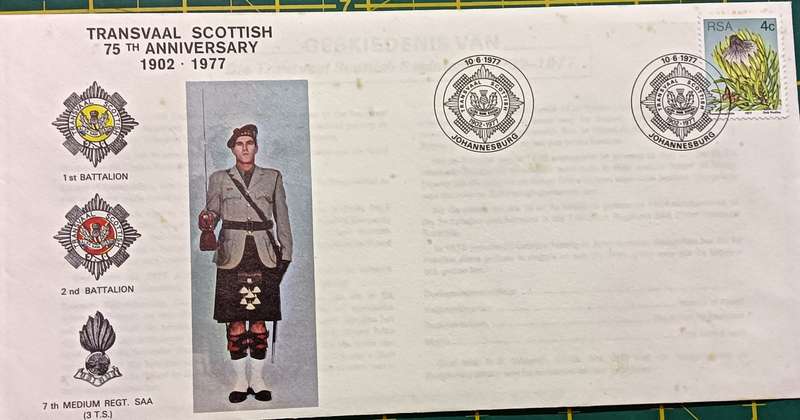 RSA 1977 COMMEMORATIVE COVER: 75th ANNIVERSARY OF THE TRANSVAAL SCOTTISH REGIMENT