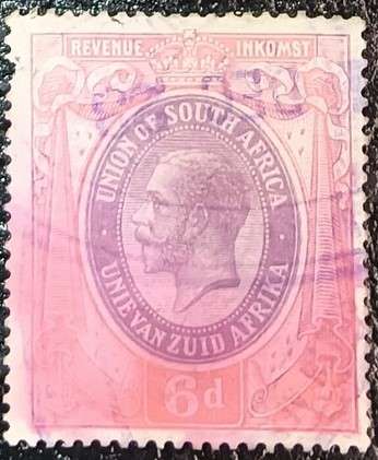 Union of South Africa 6 Pence George V revenue stamp used