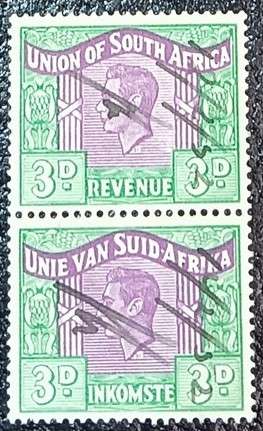 UNION OF SOUTH AFRICA 3 PENNY REVENUE STAMP PAIR USED