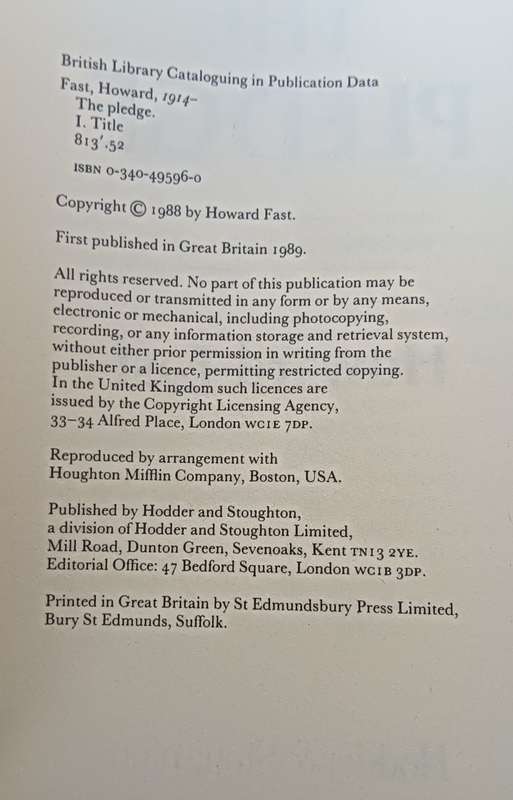 The Pledge - Howard Fast - Hardcover - 324 pages