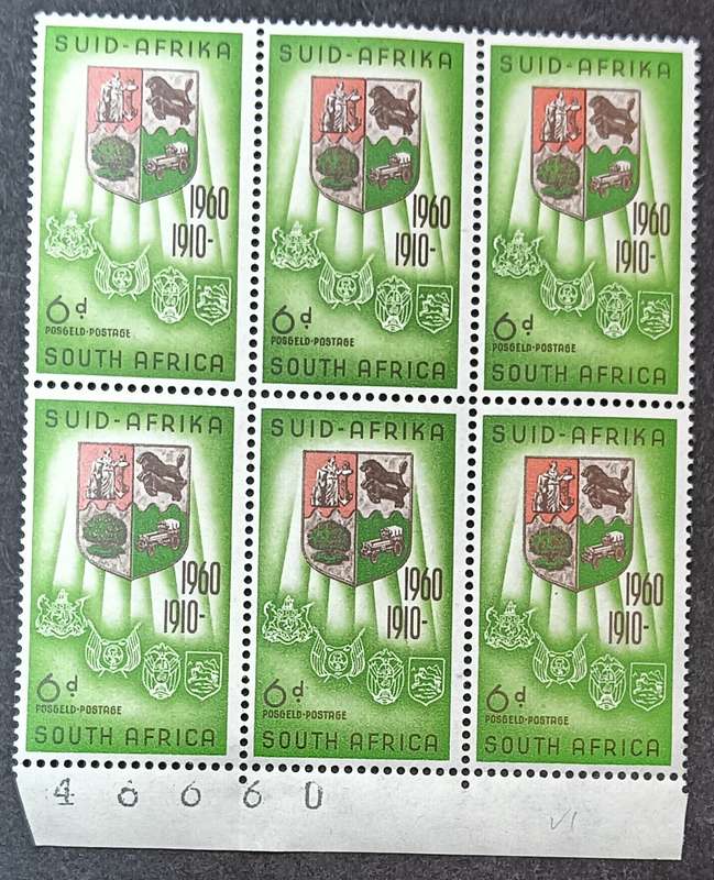 Union of SA 1960 The 50th Anniversary of Union of South Africa Block of 6 - 6 pence MNH