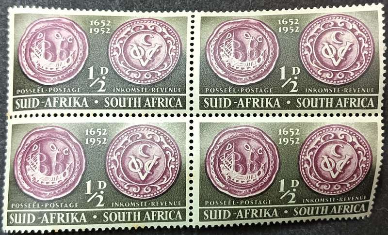 Union of SA 1952 The 300th Anniversary of the Landing of Van Riebeeck 1/2d block of 4 MNH