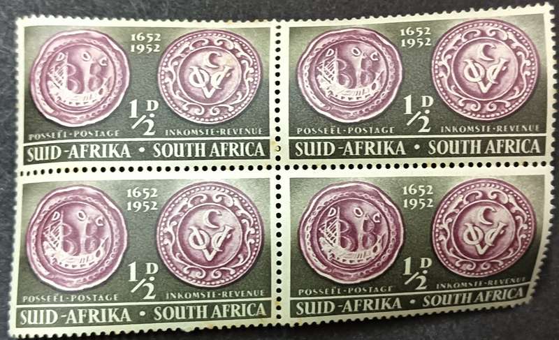Union of SA 1952 The 300th Anniversary of the Landing of Van Riebeeck 1/2d block of 4 MNH