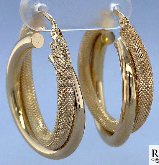 9k / 9ct gold mesh tube double hoop EARRINGS: 30x6mm. GLAMOROUS!
