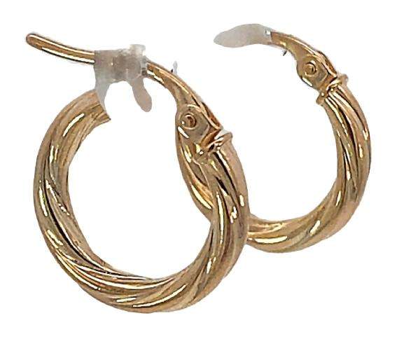 9k / 9ct gold twisted  tube hinged hoop EARRINGS: 15x2mm. Last pair!