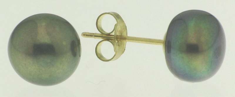 9k / 9ct gold & pearl stud EARRINGS: peacock, 9-9.5mm