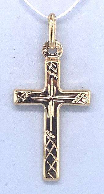 9k / 9ct yellow gold engraved CROSS: 14mm wide,  30mm long +bale