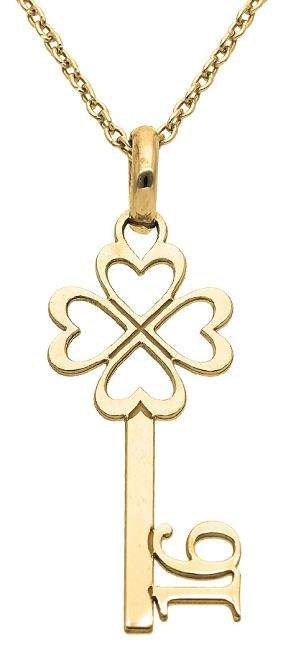 9k / 9ct yellow gold 16th key Pendant / Charm: clover, hearts