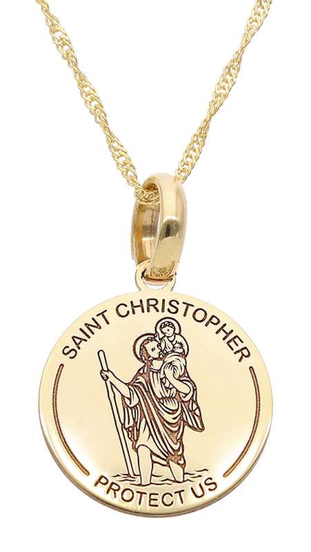 9k / 9ct gold round Saint Christopher disc, 10mm, flat, etched