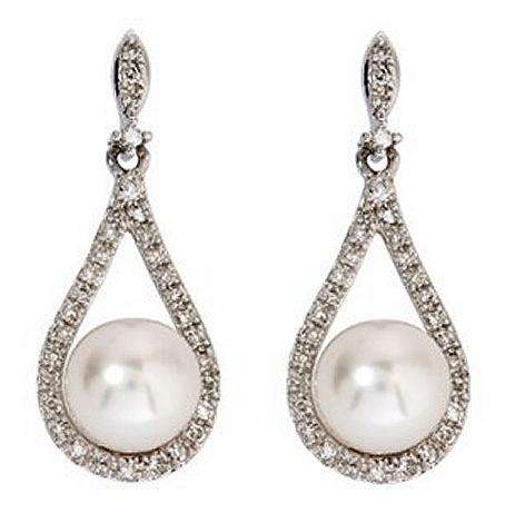 Pearl & Diamond drop EARRINGS: 9k / 9ct white gold  GLAMOROUS. Last pair!