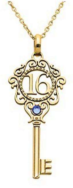 9k / 9ct yellow gold 16th key Pendant / Charm: filigree, birthstone