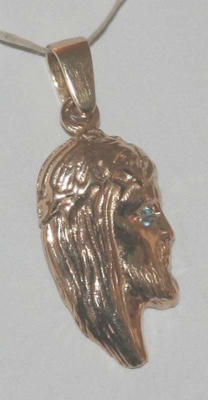 9k / 9ct gold face of Christ PENDANT: blue topaz eye. Ready for you. Last one!