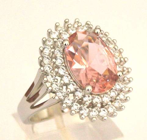 RING: oval CZ Morganite, double CZ halo, 23mm long, sterling silver
