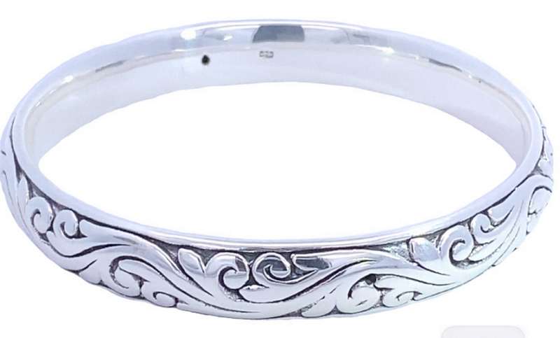 Domed Oxi etch Scroll BANGLE: 10mm wide, 65mm interior, sterling silver  BROAD & BOLD