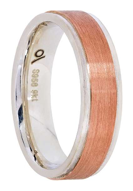 Designer wedding BAND: 9k / 9ct rose gold & Argentium silver, 6mm wide, flat, brushed, rim a STUNNER