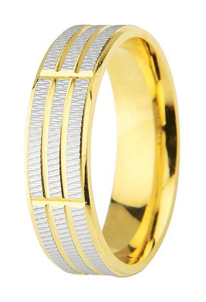 9k / 9ct yellow & white gold Designer BAND: 6mm wide, diamond-cut, size M. Exclusive. Last one!