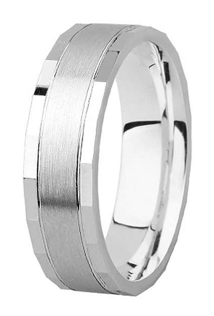 9k / 9ct white gold Designer BAND: 6mm wide, brushed centre, facetted edges. Exclusive. Limited!