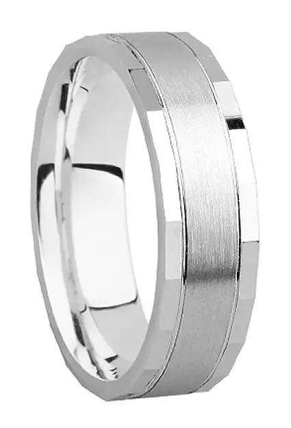 9k / 9ct white gold Designer BAND: 6mm wide, brushed centre, facetted edges. Exclusive. Limited!