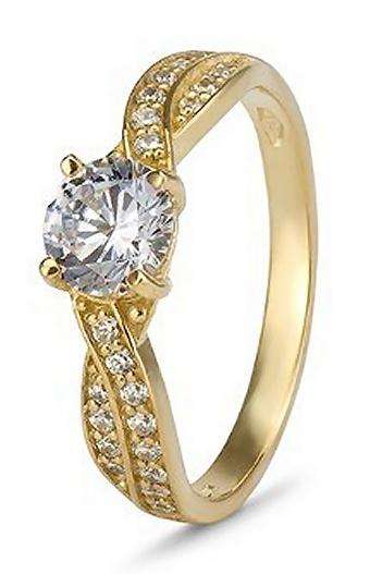 9k / 9ct gold Solitaire Engagement or Dress RING: 0.75ct simulated diamond, twisted pave sides