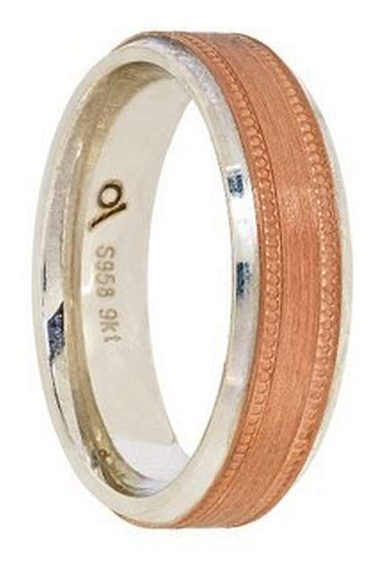 Designer wedding BAND: 9k / 9ct rose gold & Argentium silver, 6mm wide, flat, brushed, milgrain