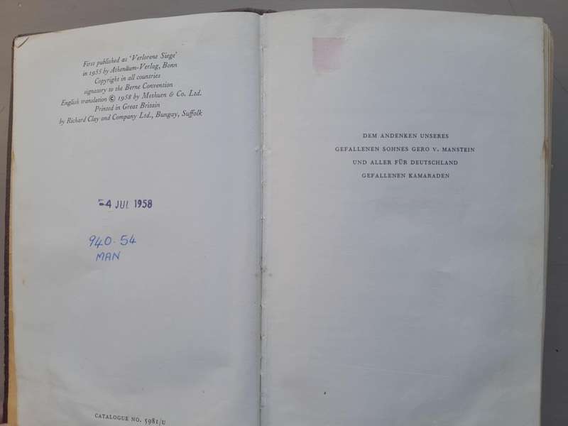 LOST VICTORIES by Field-Marshal Erich von Manstein **1st Edition**