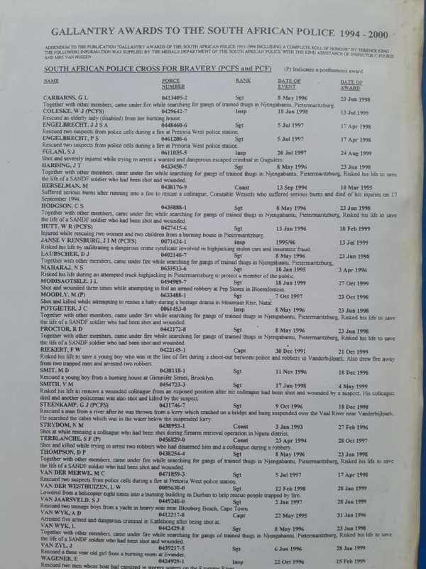 GALLANTRY AWARDS OF THE SAP 1913 - 1994