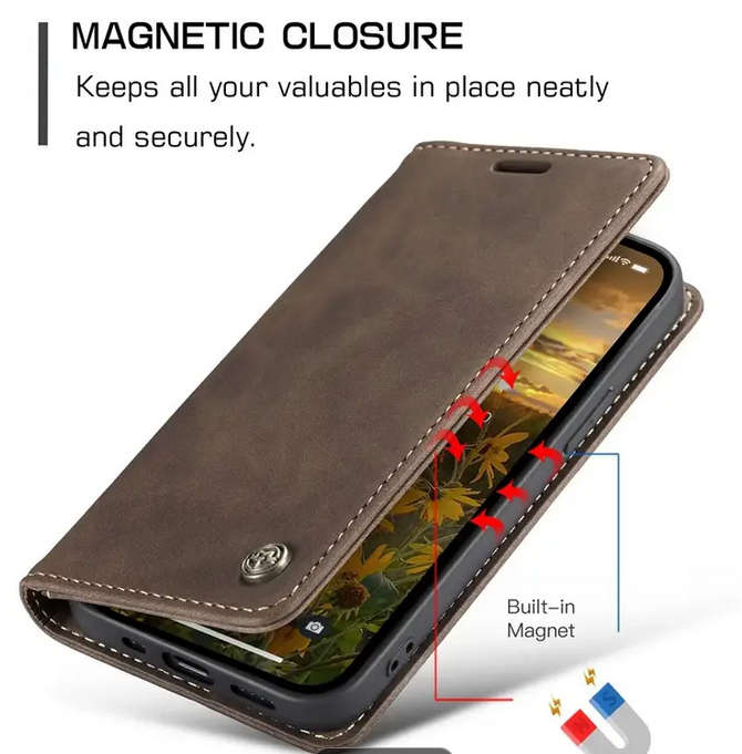 Samsung Galaxy A14 Suede Leather Cover with Card Slots and Magnetic Closure