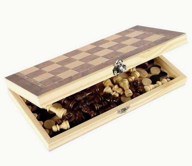 3 in 1 Wood Chess Board with Wood Game Pieces