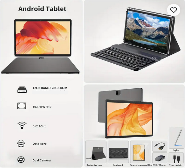 10.1 Inch Android 13 Tablet 12GB RAM 128GB SSD Octa-core with Accessories