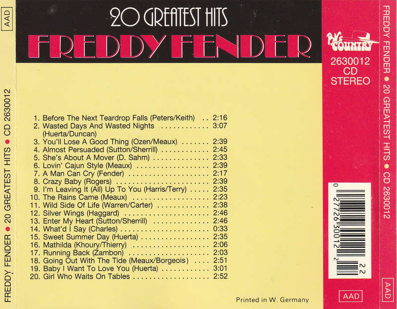 Freddy Fender - 20 Greatest Hits CD Import