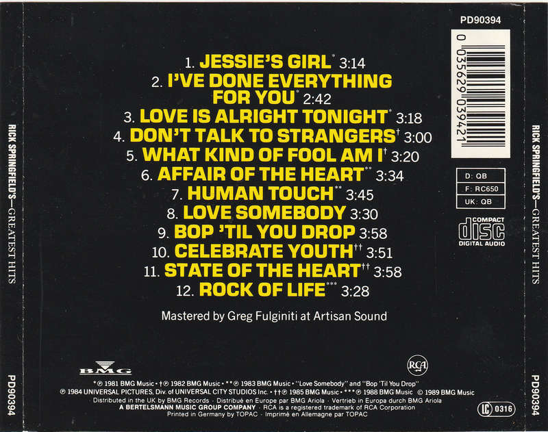 Rick Springfield - Greatest Hits CD Import